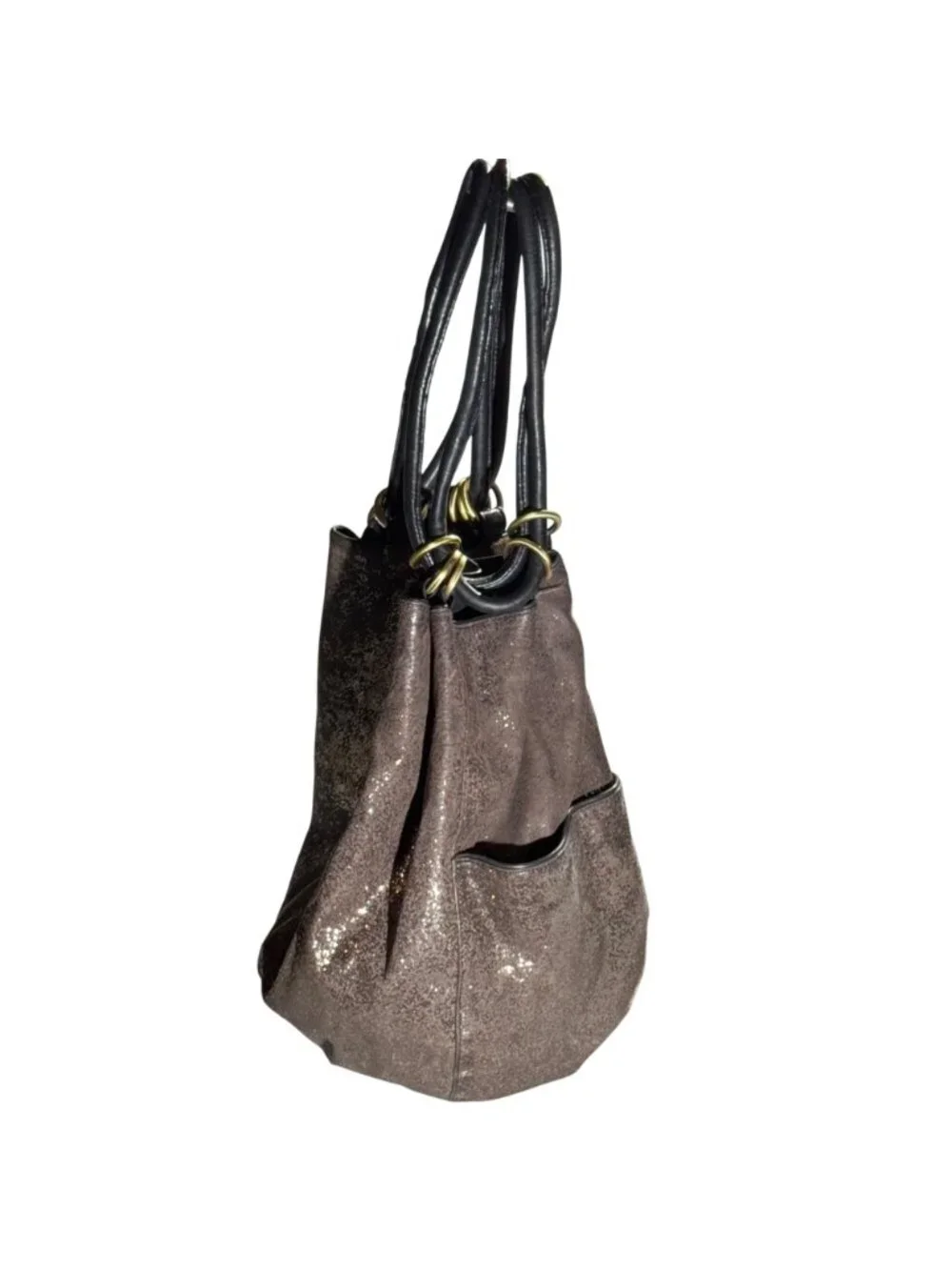 Kooba Metallic Bronze Leather Tote Bag Black Handles & Gold Hardware